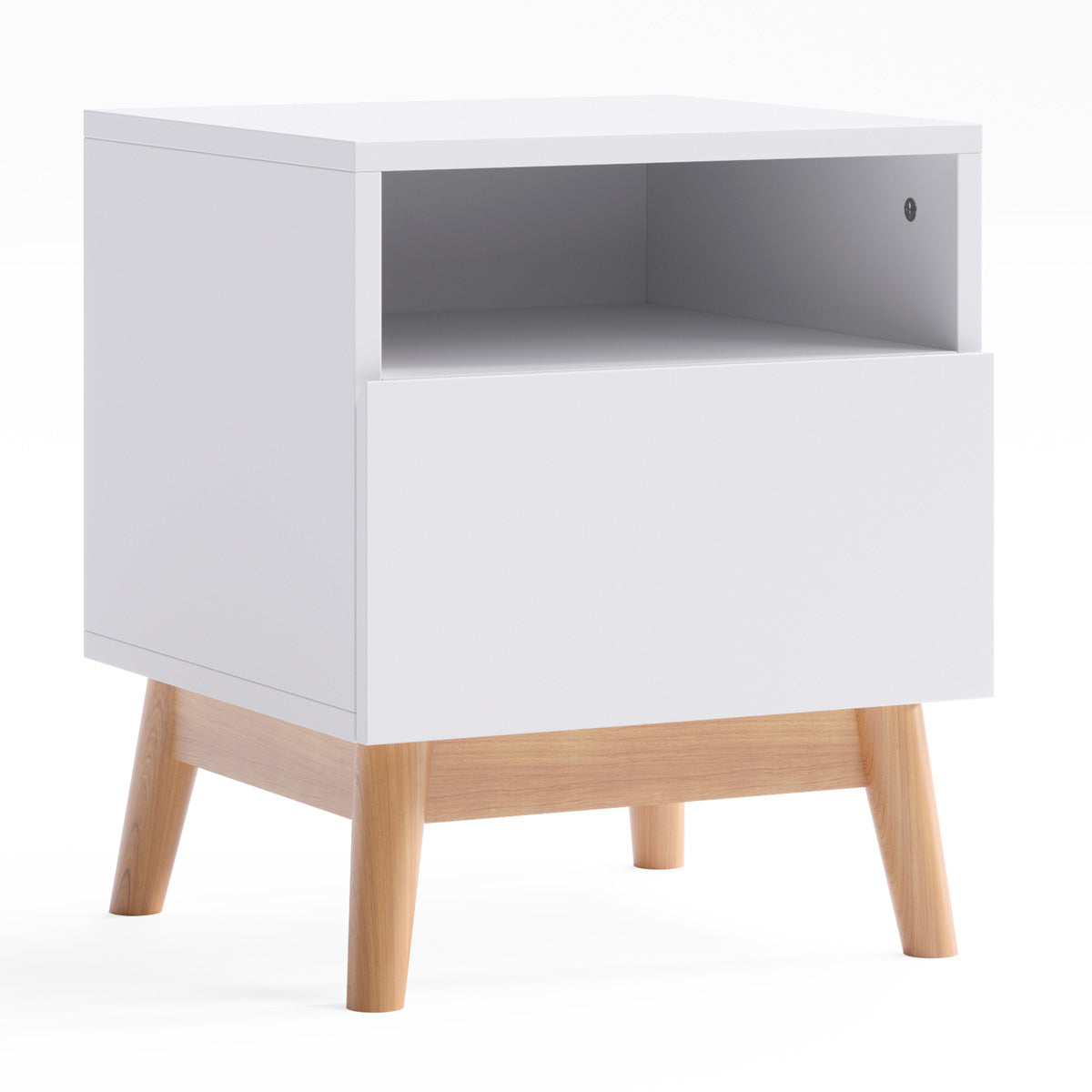 White Wooden Bedside Table with Solid Wood Legs (Aspen)