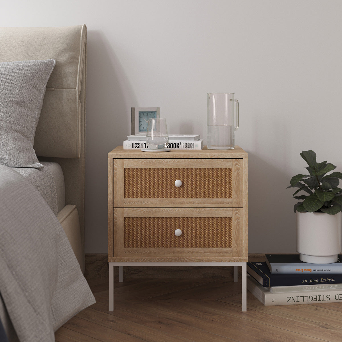 Rattan Cane Bedside Table with Drawers (Milo)