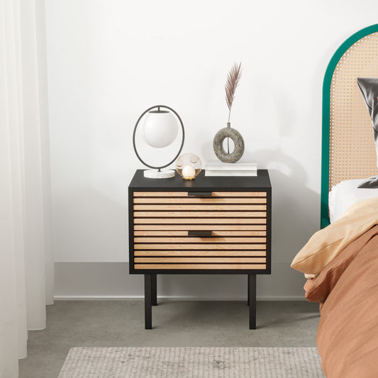 Black Wooden Bedside Table with Slatted Drawers (Zen Collection)