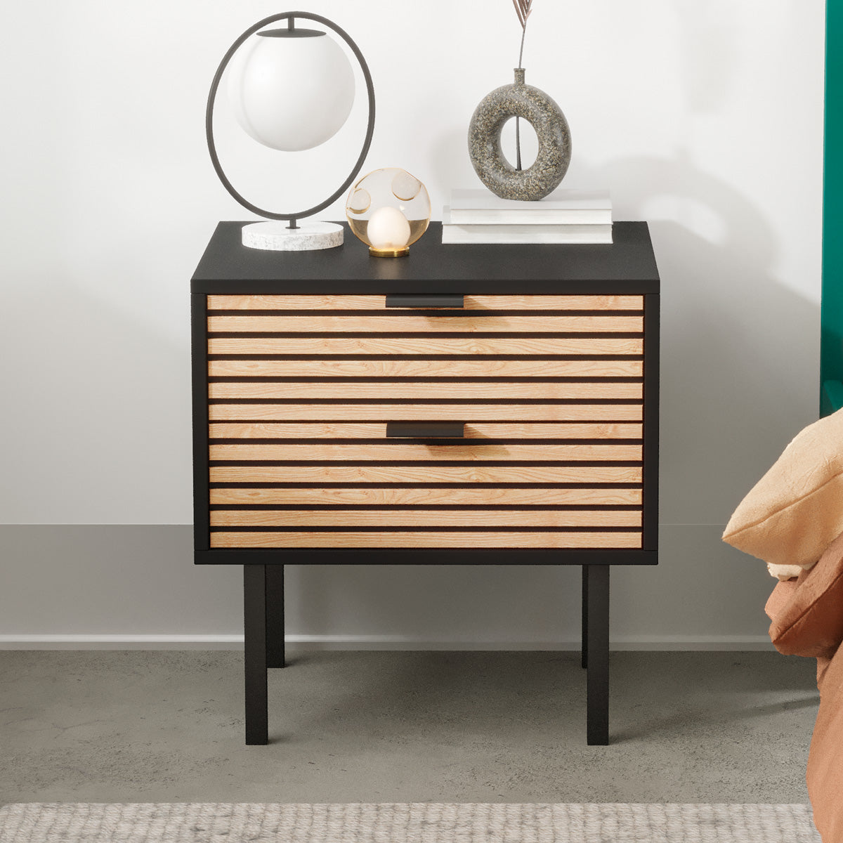 Black Wooden Bedside Table with Slatted Drawers (Zen Collection)