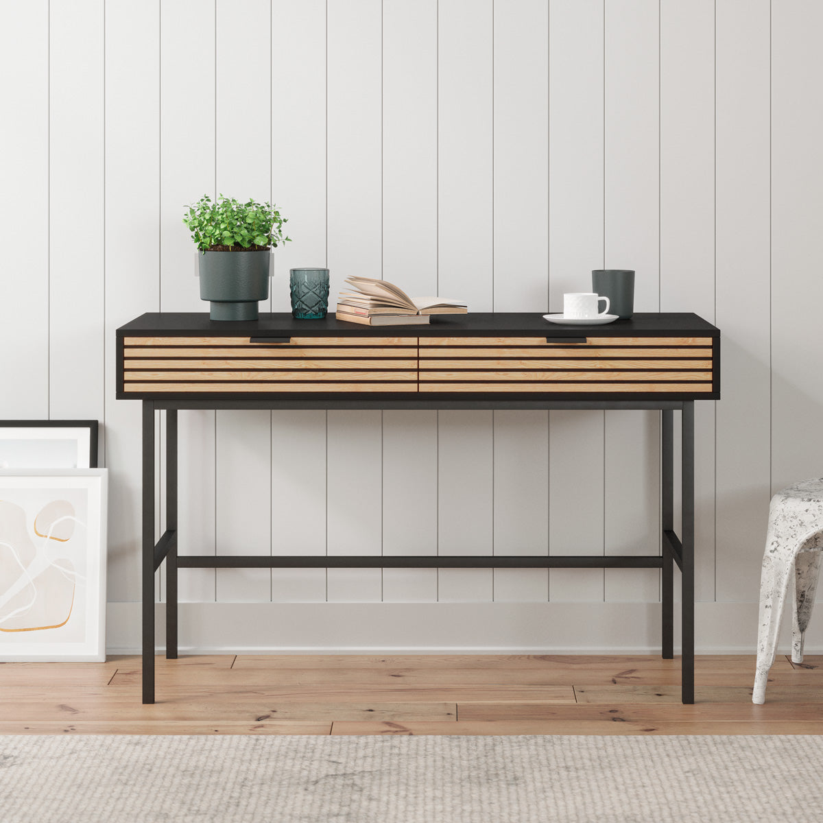 Black Study Desk Console Table with Slatted Drawers (Zen Collection)