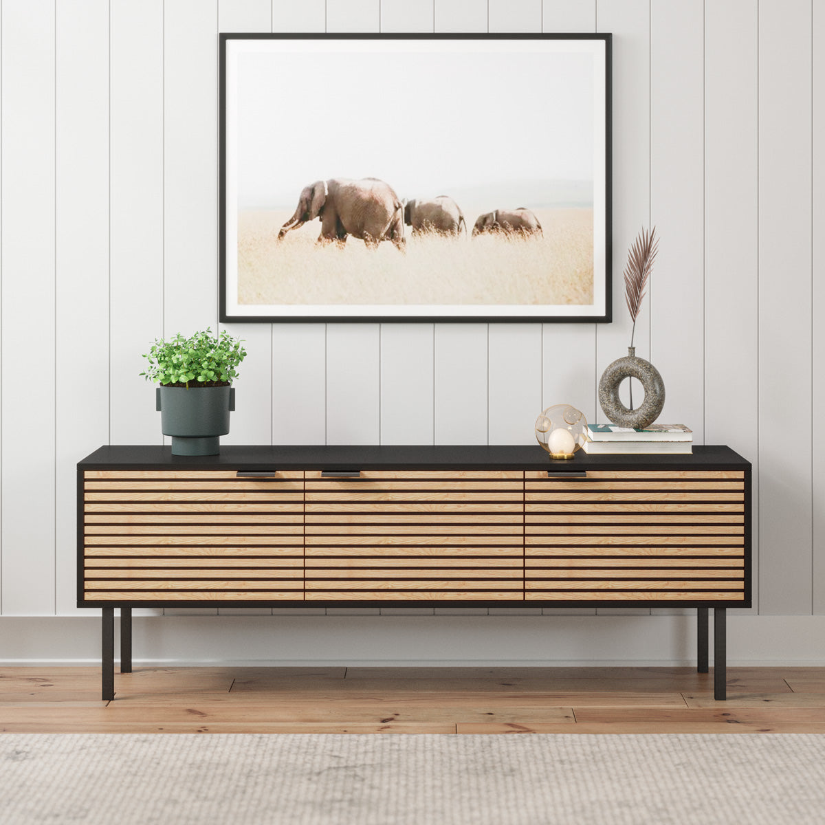 Black Wooden TV Unit Entertainment Cabinet with Slatted Doors (Zen Collection)