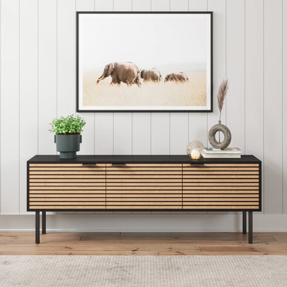 Black Wooden TV Unit Entertainment Cabinet with Slatted Doors (Zen Collection)