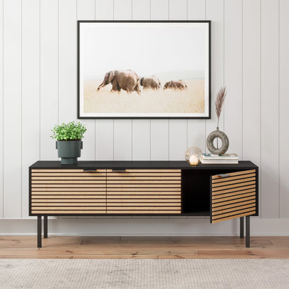 Black Wooden TV Unit Entertainment Cabinet with Slatted Doors (Zen Collection)