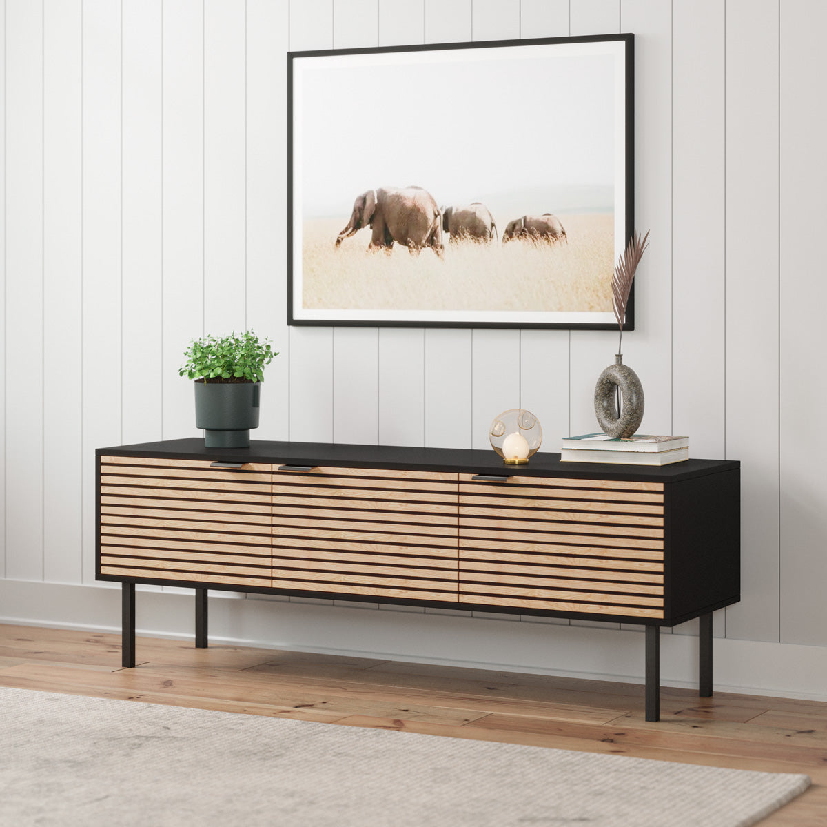 Black Wooden TV Unit Entertainment Cabinet with Slatted Doors (Zen Collection)