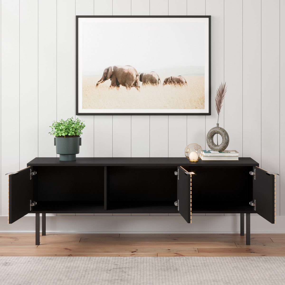 Black Wooden TV Unit Entertainment Cabinet with Slatted Doors (Zen Collection)