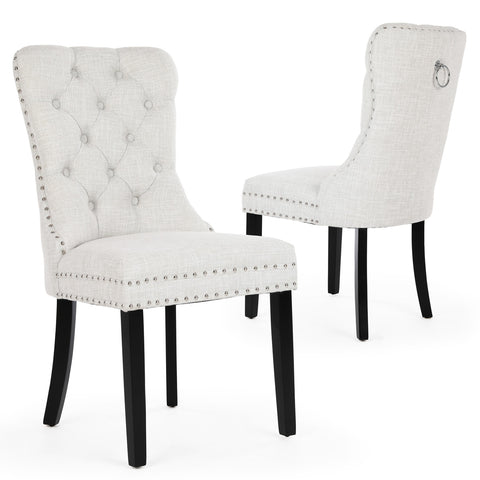 Chanel Scoop Back Dining Chairs with Ring Handle (Set of 2, Beige Fabric / Black Legs)
