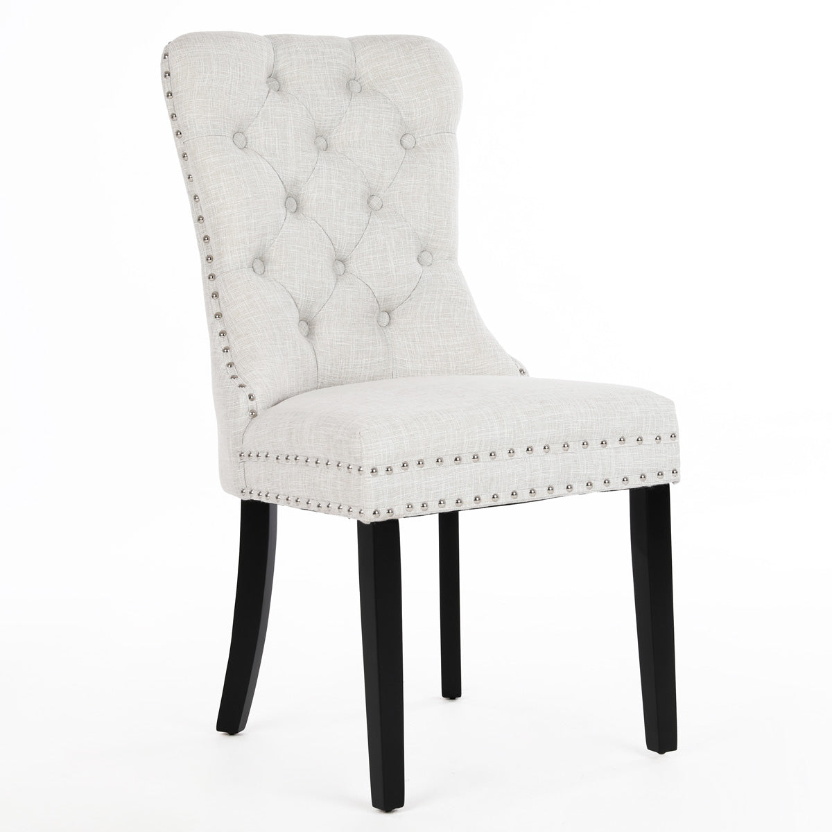 Chanel Scoop Back Dining Chairs with Ring Handle (Set of 2, Beige Fabric / Black Legs)