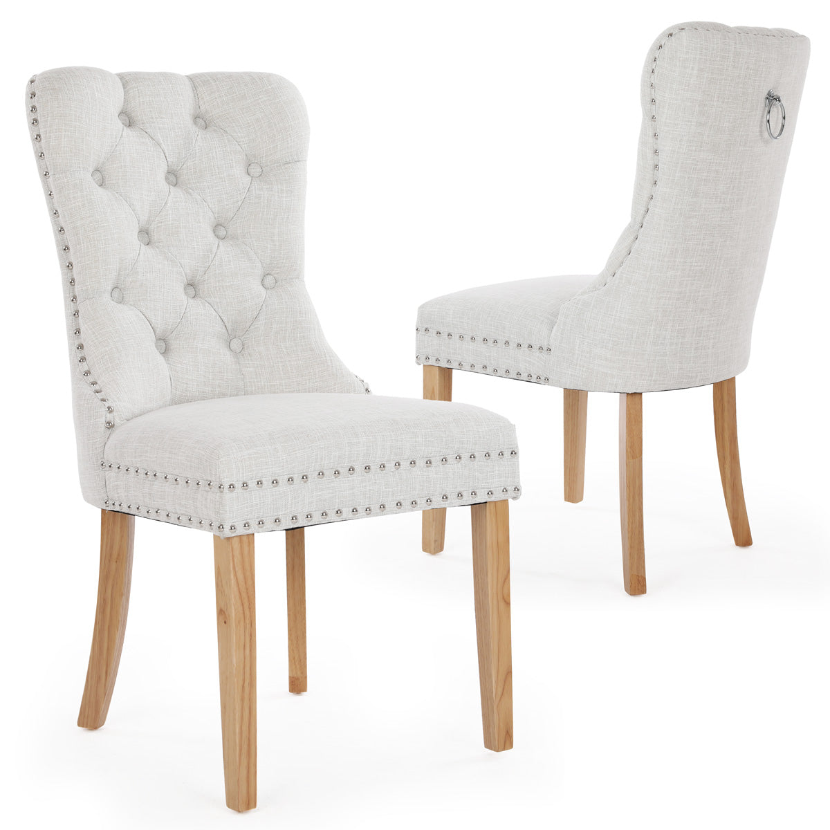 Chanel Scoop Back Dining Chairs with Ring Handle (Set of 2, Beige Fabric / Natural Legs)