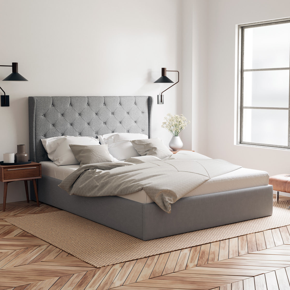 Grey Stella Gas Lift Storage Bed Frame with Aspen Bedside Tables Package