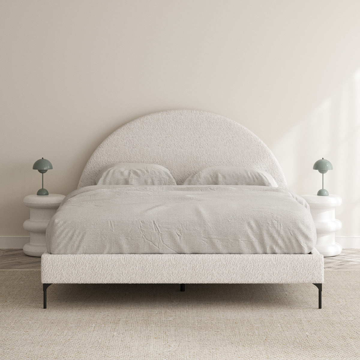 Arch Upholstered Bed Frame (Ivory White Boucle Fabric) – Tommy Swiss