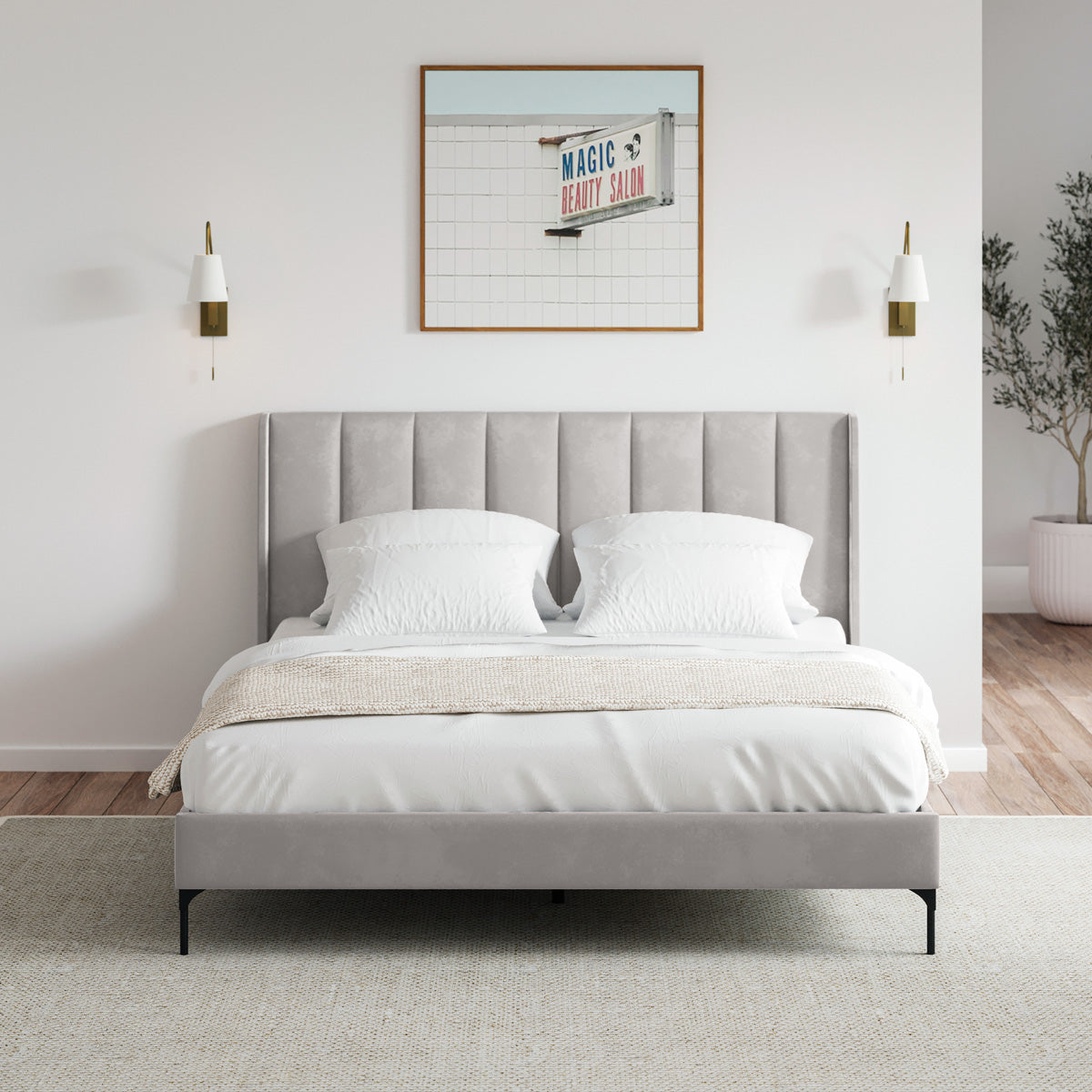 Brooklyn Fabric Wing Bed Frame (Taupe White Velvet)