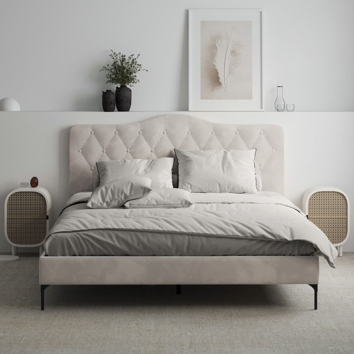 Dawn Upholstered Fabric Bed Frame (Taupe White Velvet)