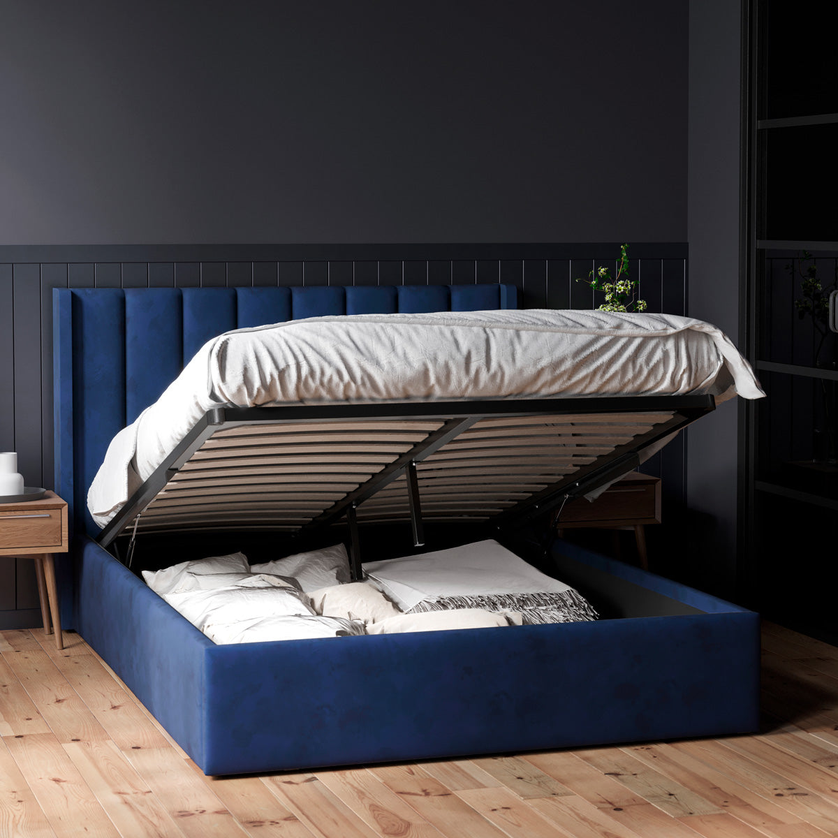 Emilie Gas Lift Storage Wing Bed Frame (Navy Blue Velvet)