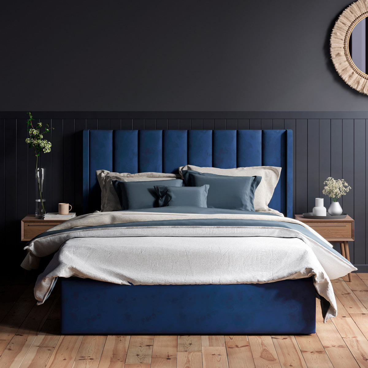 Emilie Gas Lift Storage Wing Bed Frame (Navy Blue Velvet)