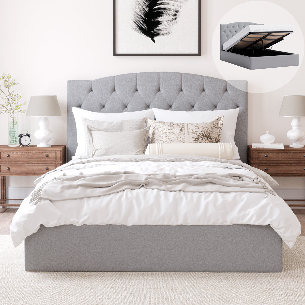 Charlotte Gas Lift Storage Curved Bed Frame (Grey Fabric)
