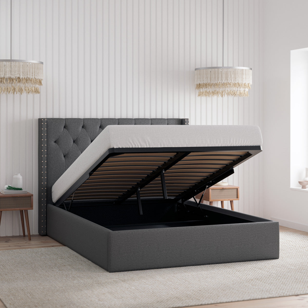 Leonora Gas Lift Storage Wing Bed Frame with Studs (Charcoal Fabric)