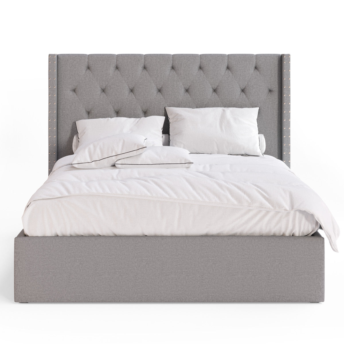 Leonora Gas Lift Storage Wing Bed Frame with Studs (Grey Fabric)