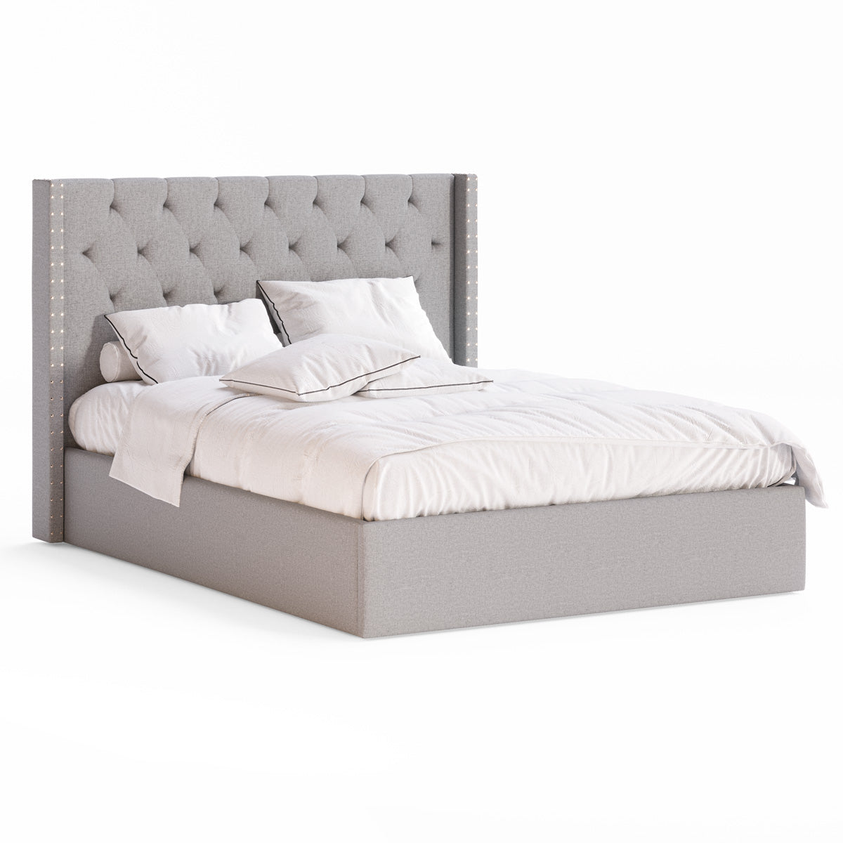 Leonora Gas Lift Storage Wing Bed Frame with Studs (Grey Fabric)