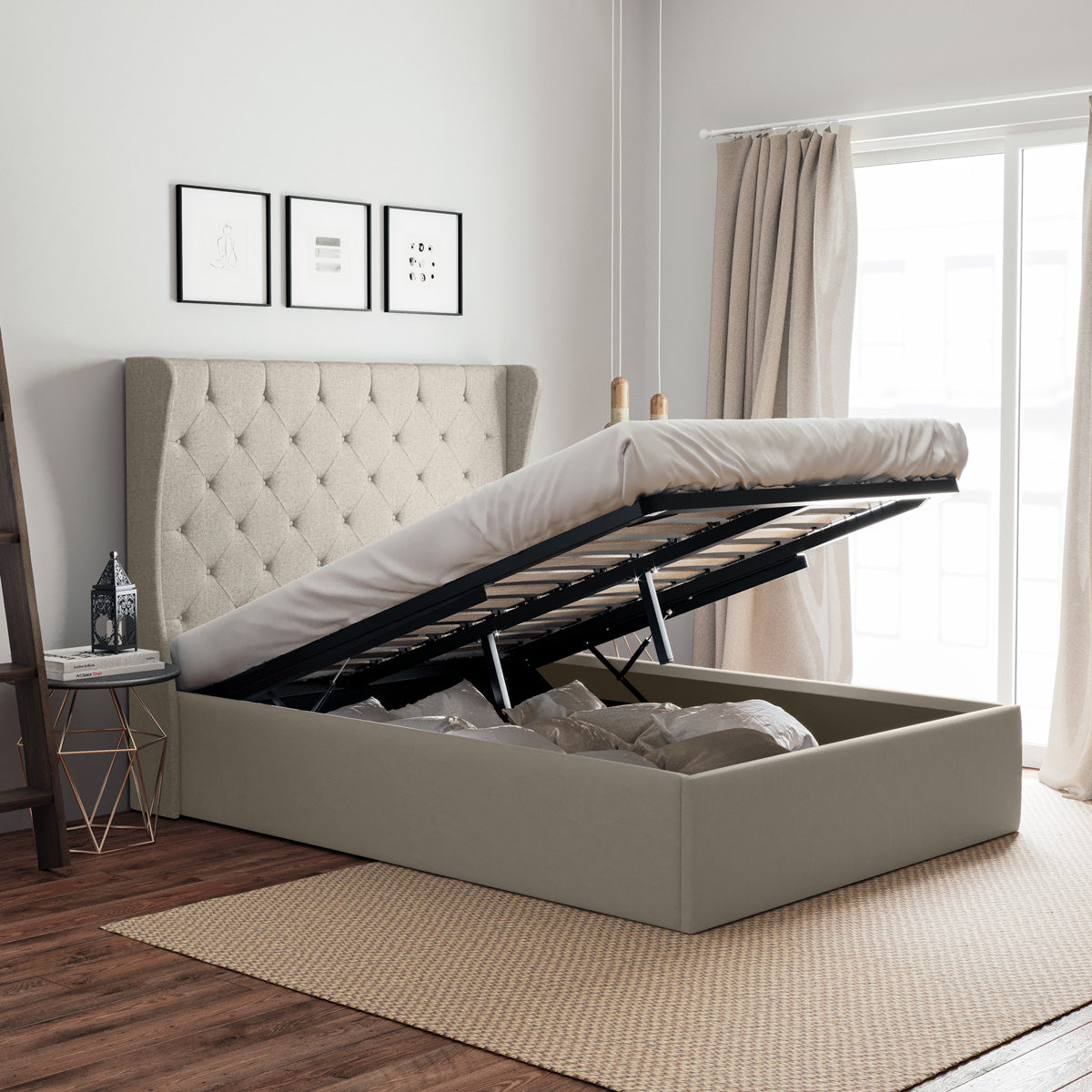 Windsor Gas Lift Storage Wing Bed Frame (Natural Beige Fabric)