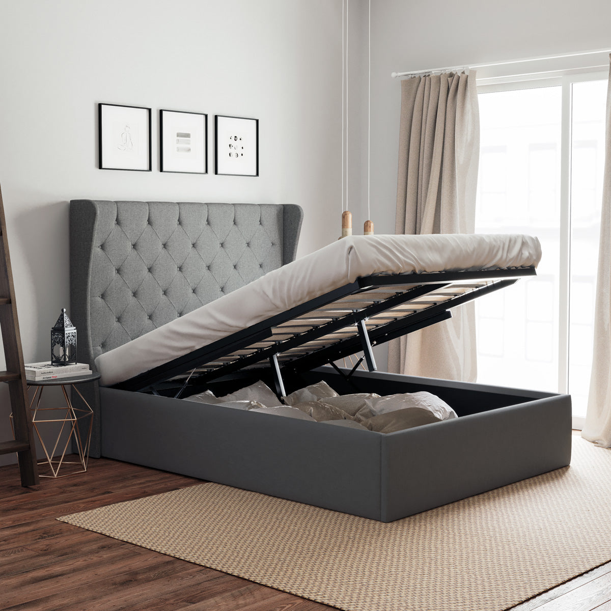 Windsor Gas Lift Storage Wing Bed Frame (Charcoal Fabric)
