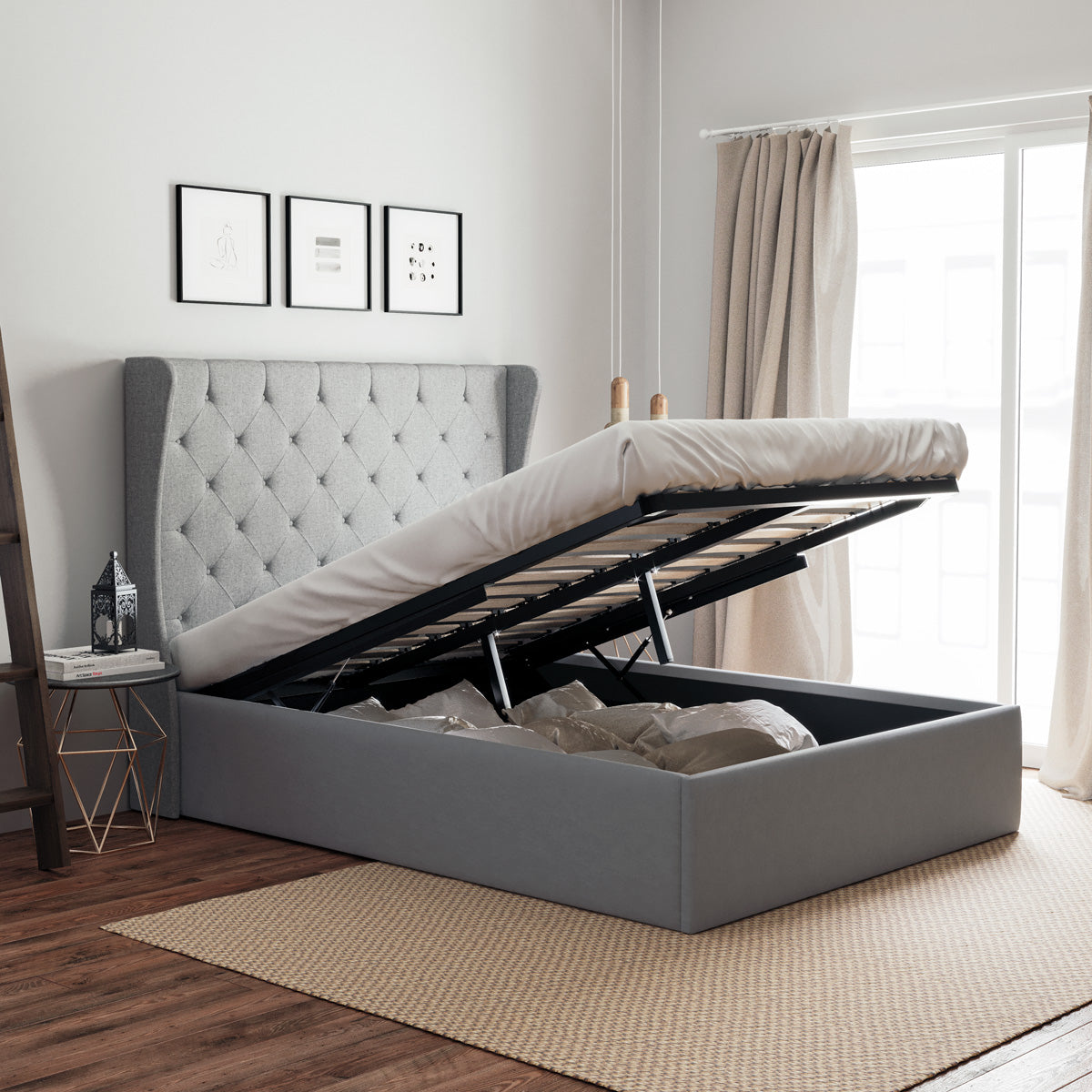 Windsor Gas Lift Storage Wing Bed Frame (Grey Fabric)