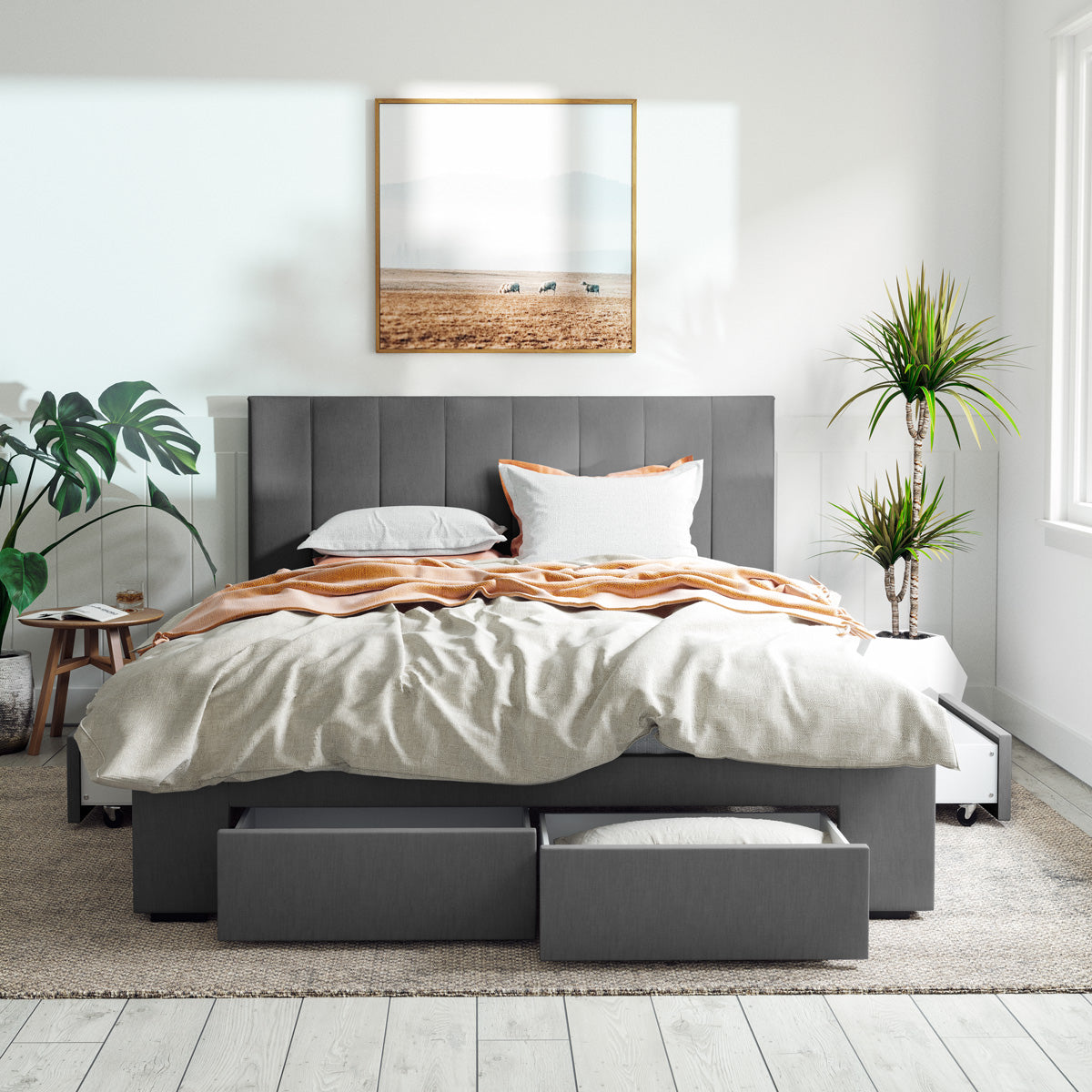 Charcoal Ormond Storage Bed Frame with Aspen Bedside Tables Package