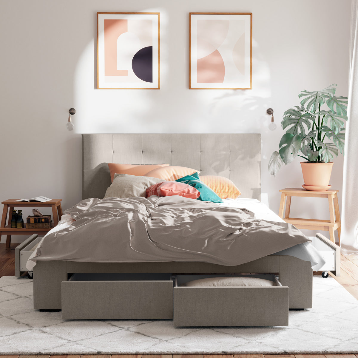 Beige Audrey Storage Bed Frame with Aspen Bedside Tables Package