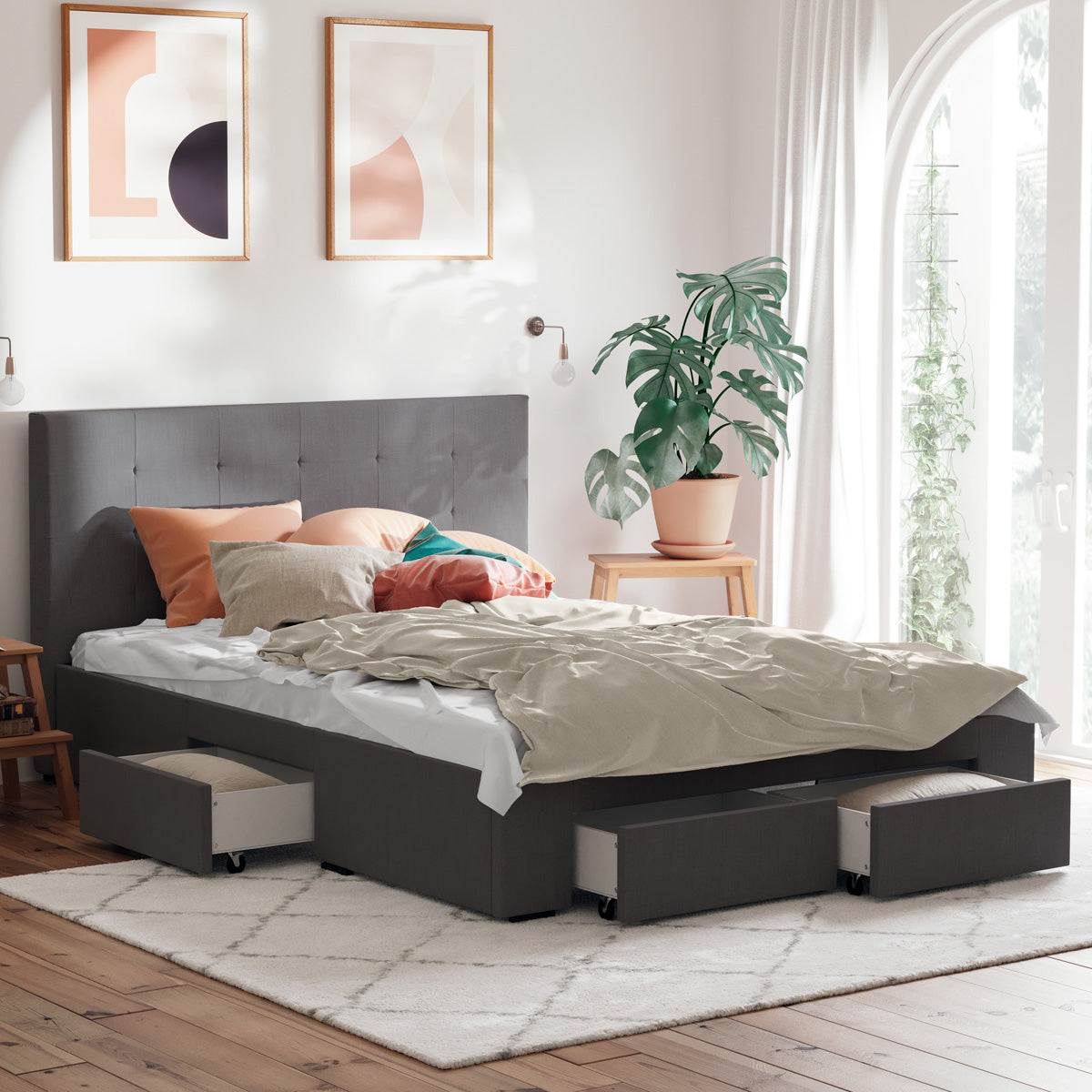 Charcoal Audrey Storage Bed Frame with Heston Bedside Tables Package