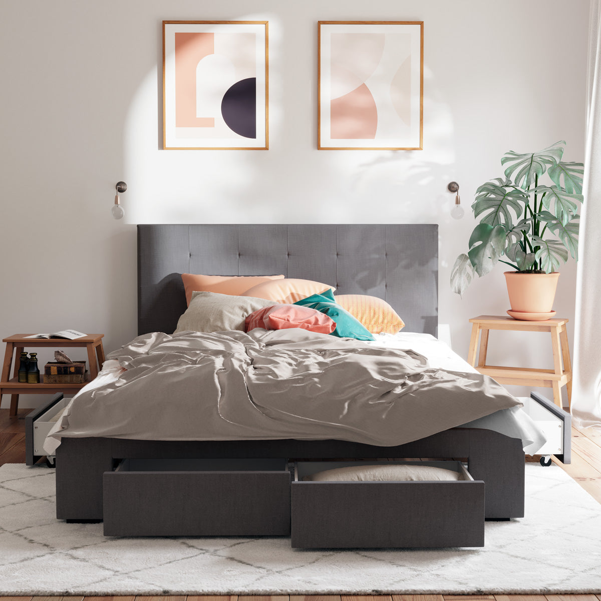 Charcoal Audrey Storage Bed Frame with Aspen Bedside Tables Package