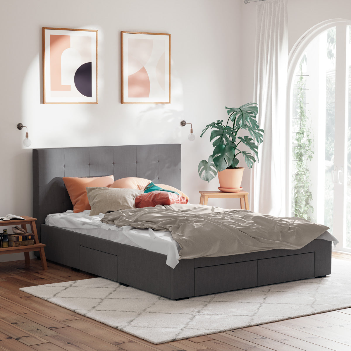 Charcoal Audrey Storage Bed Frame with Heston Bedside Tables Package