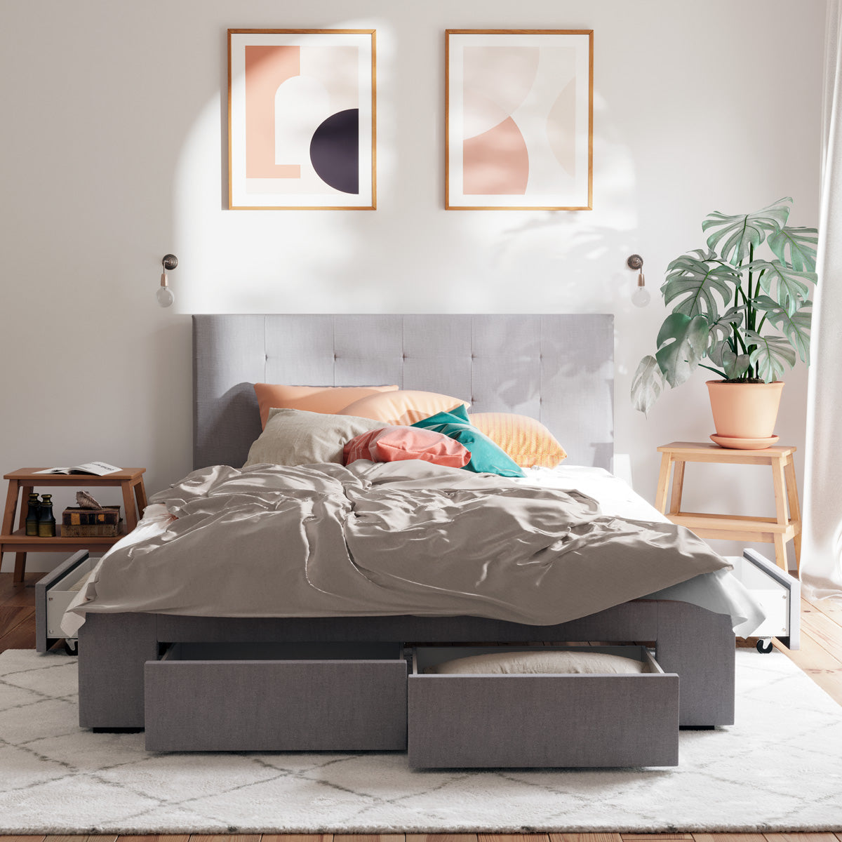 Grey Audrey Storage Bed Frame with Heston Bedside Tables Package
