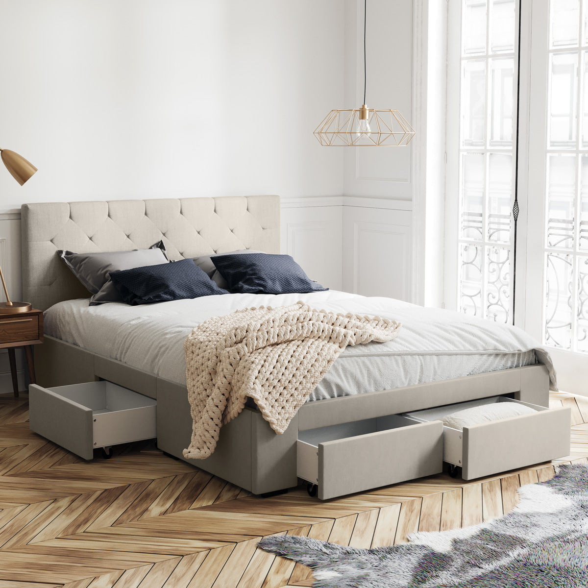 Webster Bed Frame with Four Storage Drawers (Natural Beige Fabric)