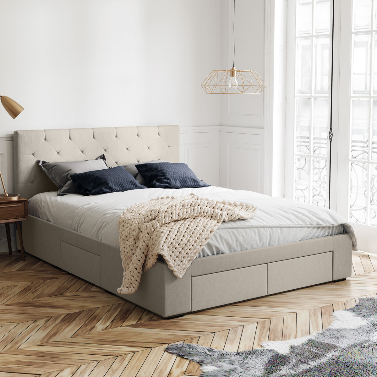 Webster Bed Frame with Four Storage Drawers (Natural Beige Fabric)