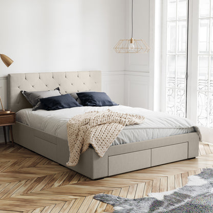 Webster Bed Frame with Four Storage Drawers (Natural Beige Fabric)