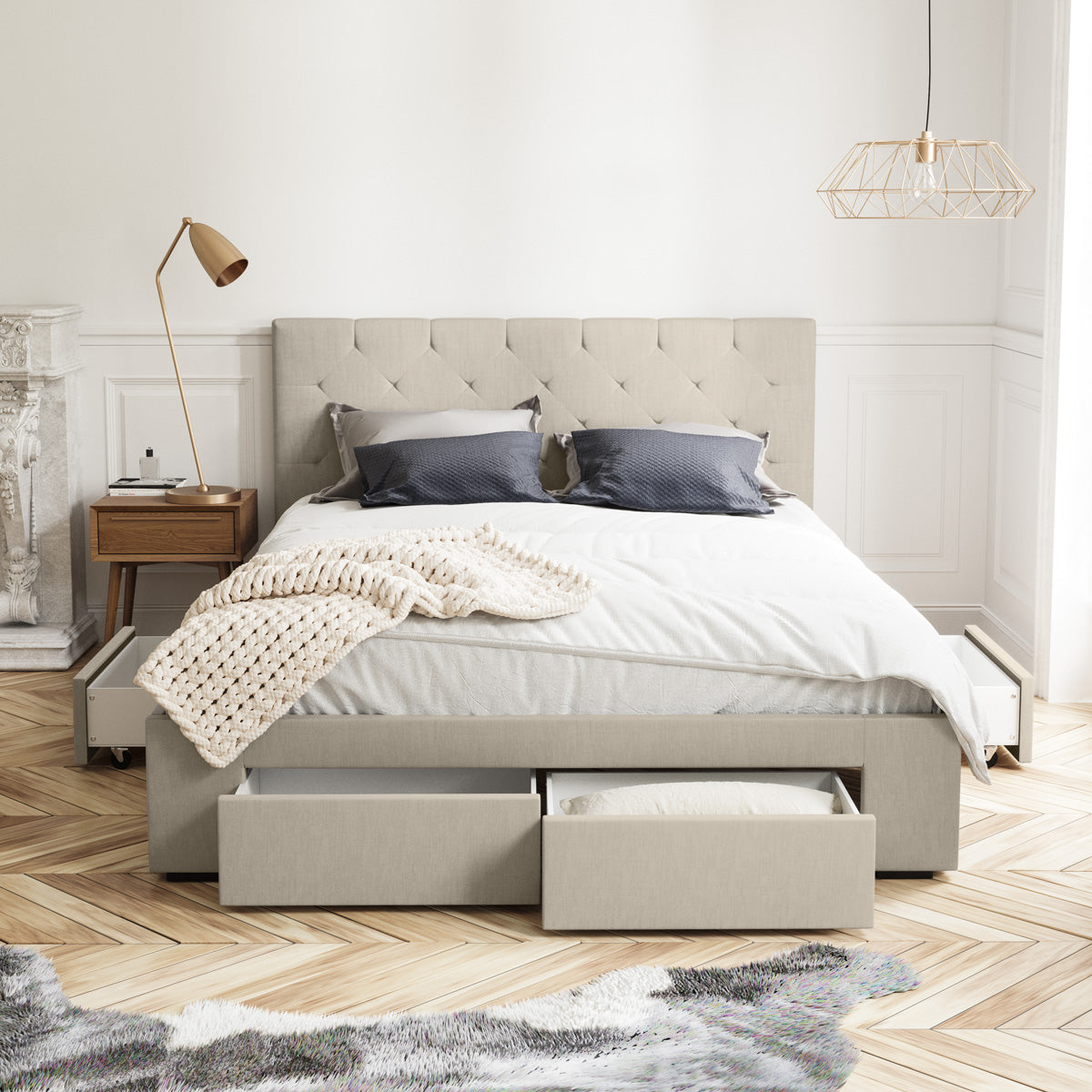Webster Bed Frame with Four Storage Drawers (Natural Beige Fabric)
