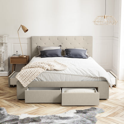 Webster Bed Frame with Four Storage Drawers (Natural Beige Fabric)