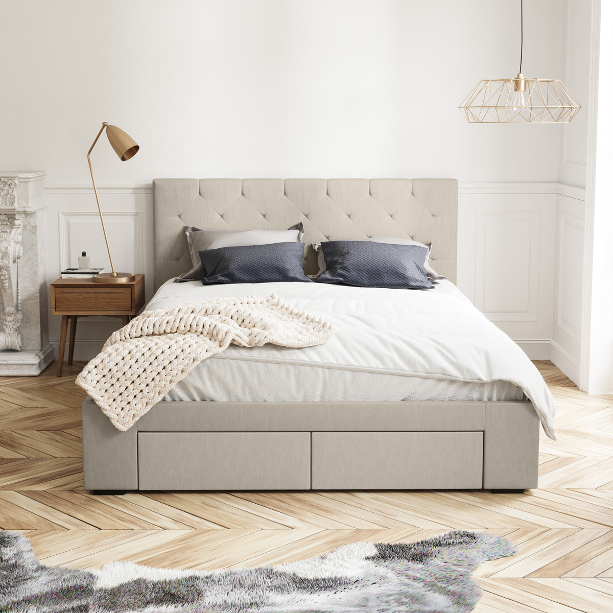 Webster Bed Frame with Four Storage Drawers (Natural Beige Fabric)