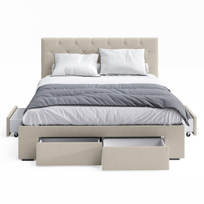 Webster Bed Frame with Four Storage Drawers (Natural Beige Fabric)