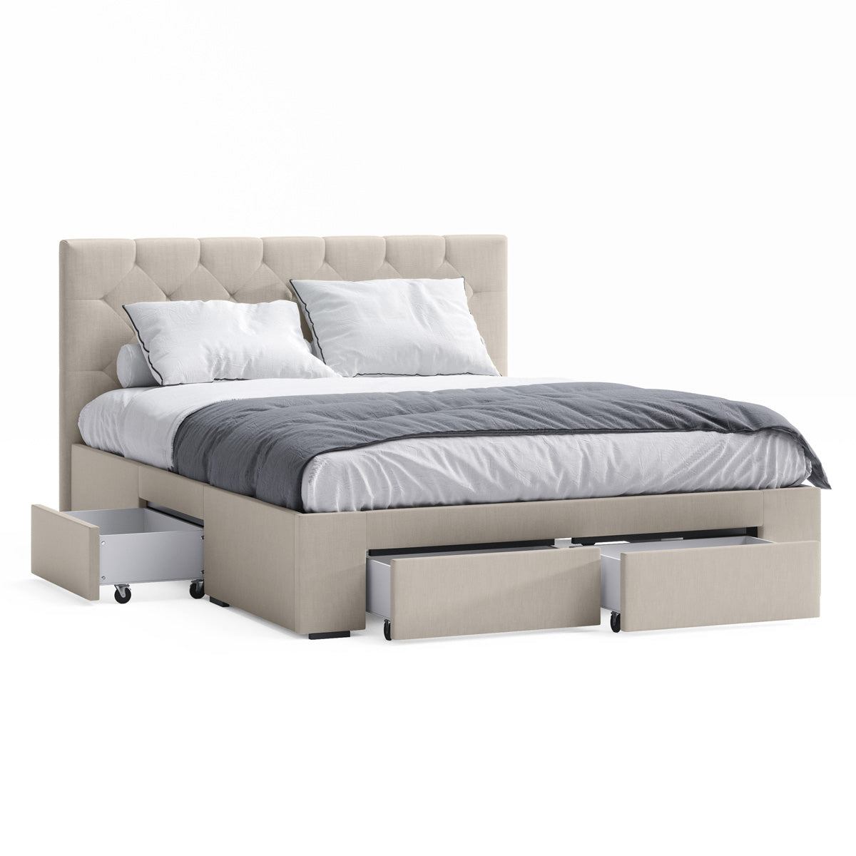 Webster Bed Frame with Four Storage Drawers (Natural Beige Fabric)