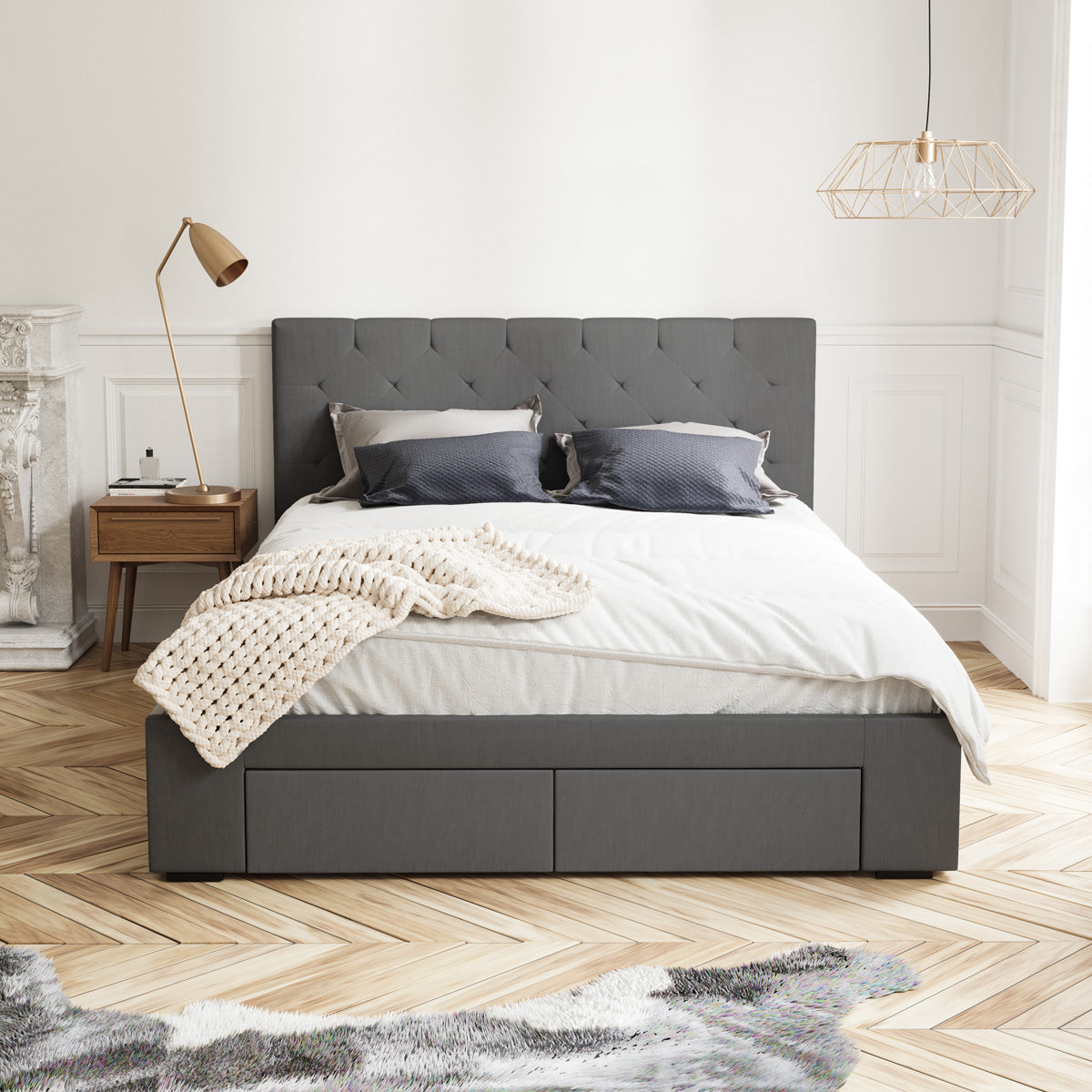 Charcoal Webster Storage Bed Frame with Aspen Bedside Tables Package