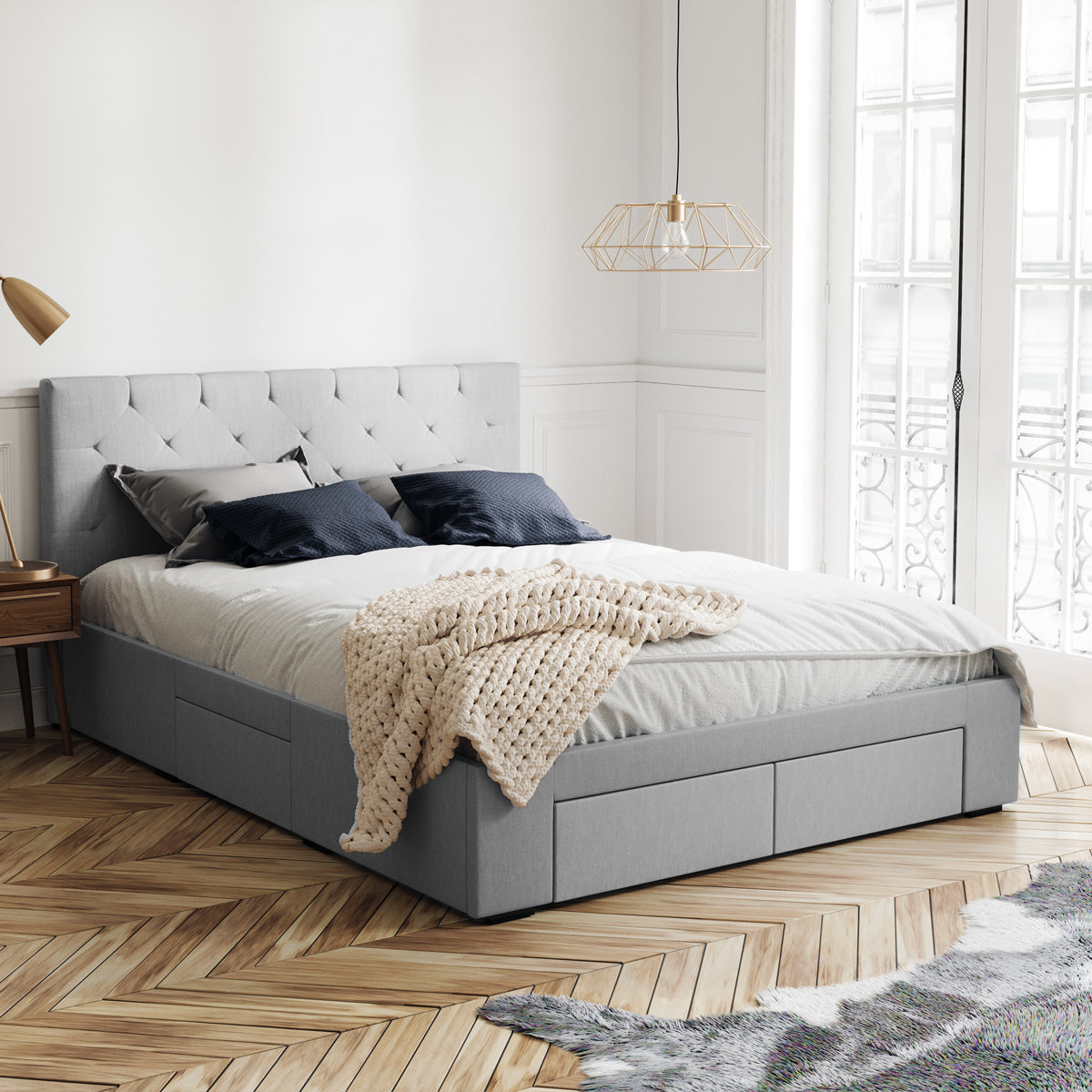 Grey Webster Storage Bed Frame with Aspen Bedside Tables Package