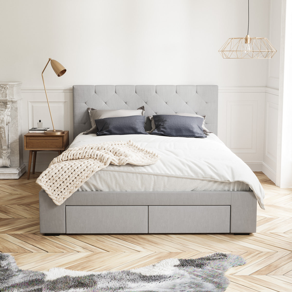 Webster Bed Frame with Four Storage Drawers (Grey Fabric)