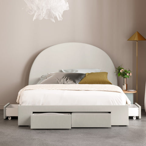 Arch Bed Frame with Four Storage Drawers (Natural Beige Fabric)