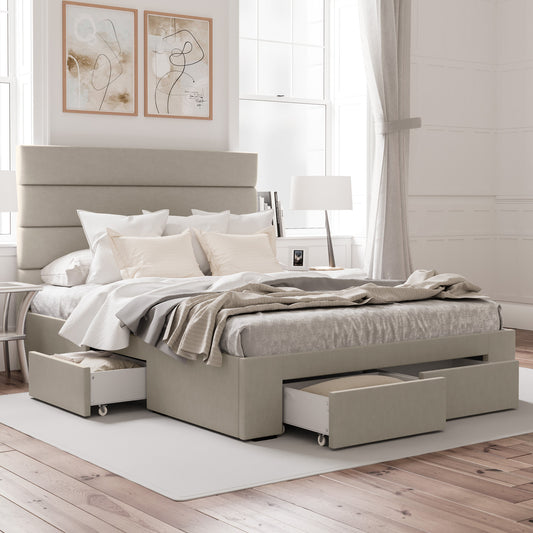 Benny Bed Frame with Four Storage Drawers (Natural Beige Fabric)
