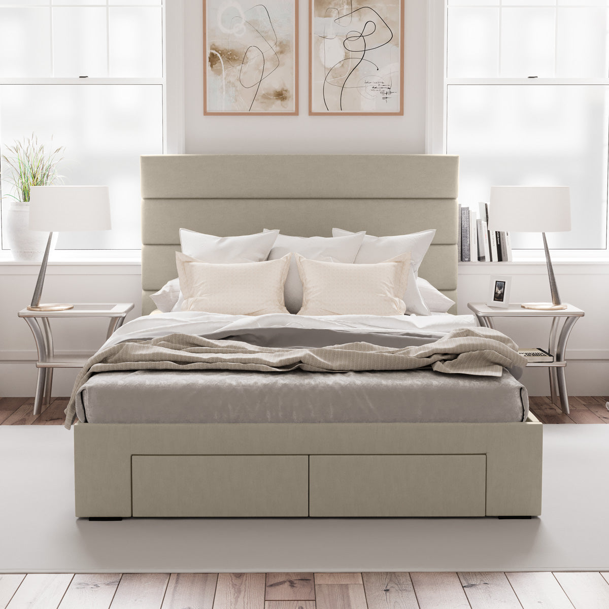 Benny Bed Frame with Four Storage Drawers (Natural Beige Fabric)