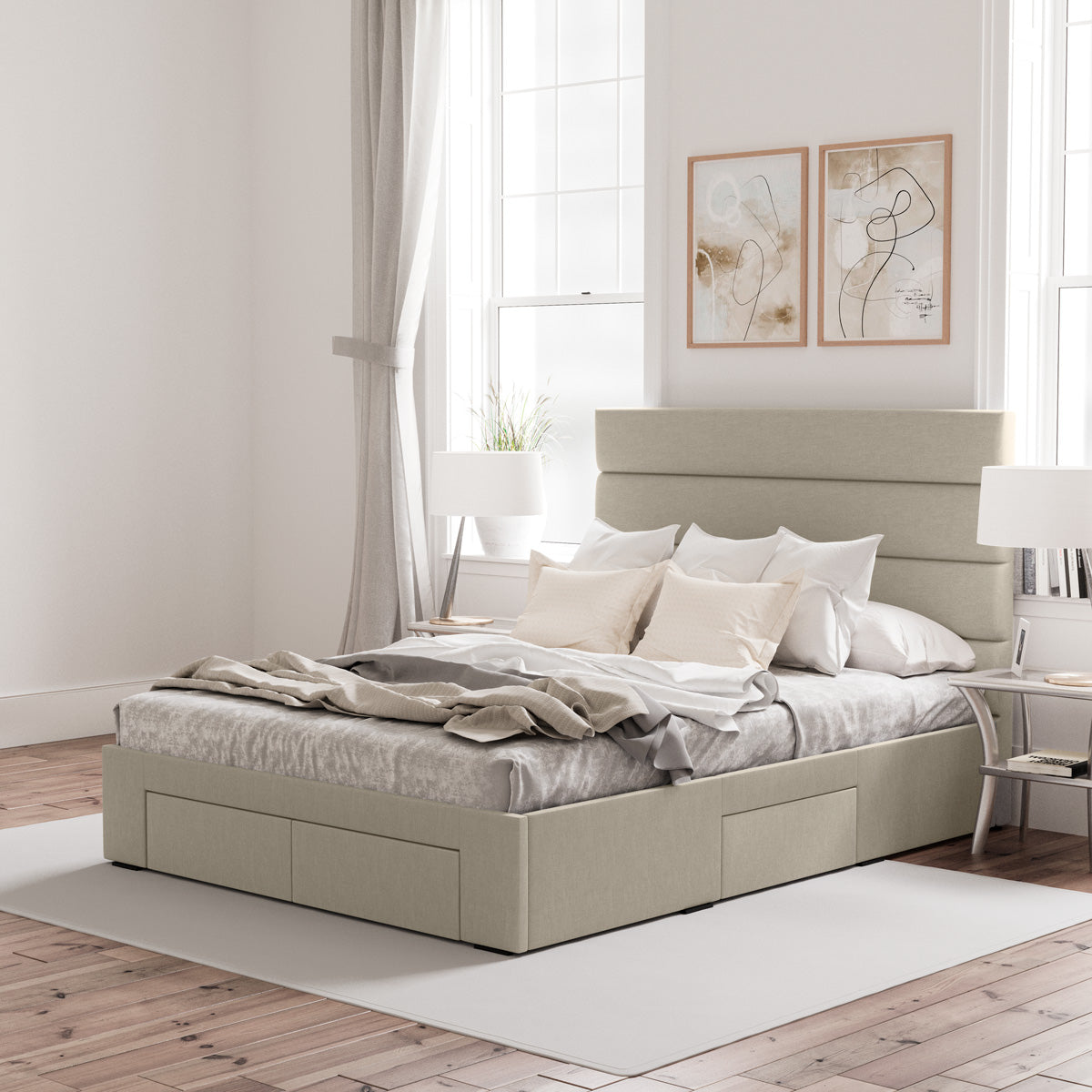 Benny Bed Frame with Four Storage Drawers (Natural Beige Fabric)