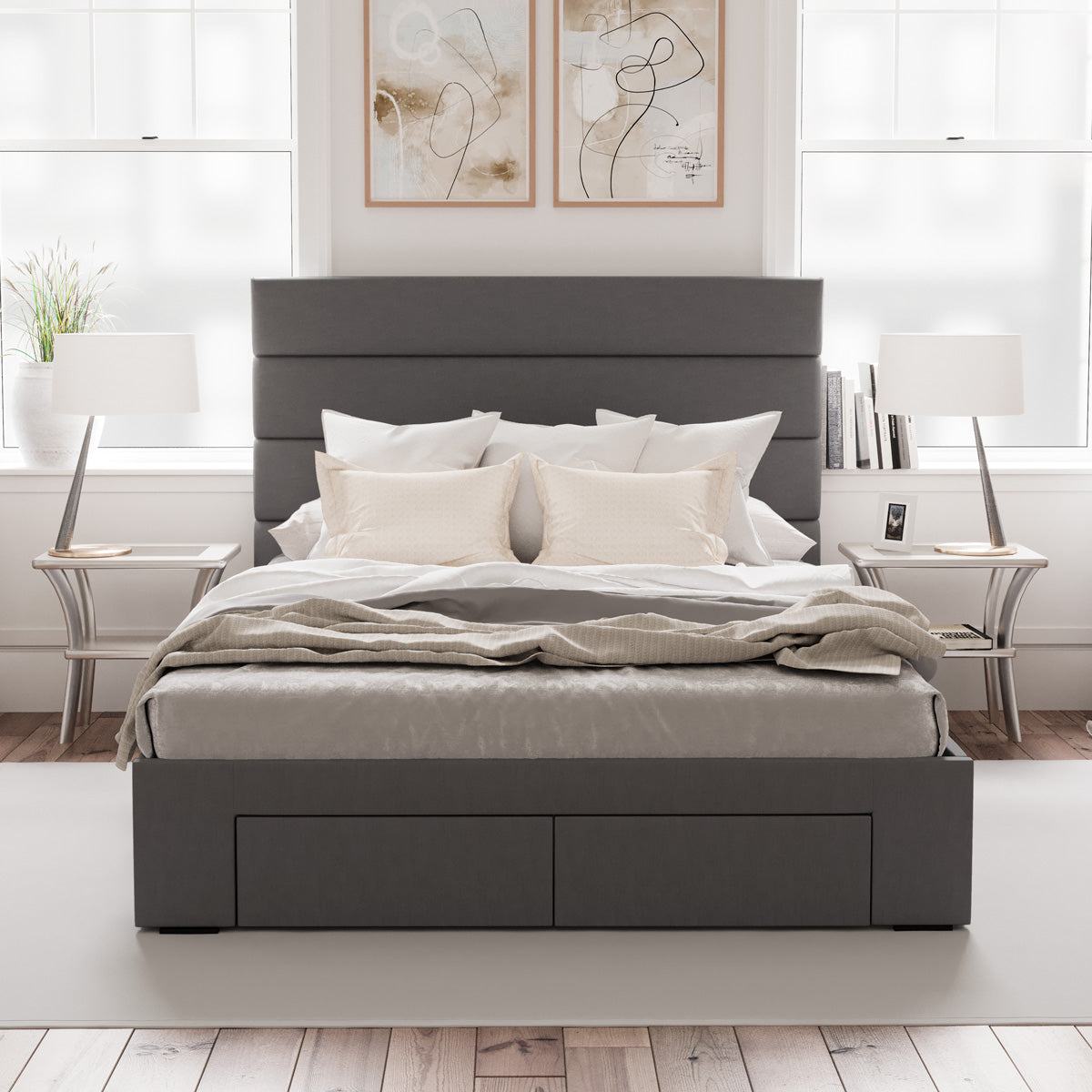 Benny Bed Frame with Four Storage Drawers (Charcoal Fabric)