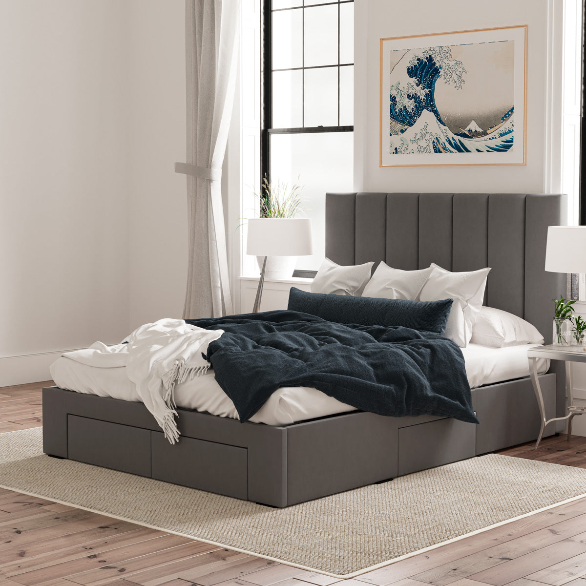 Celine Bed Frame with Four Storage Drawers (Charcoal Fabric)