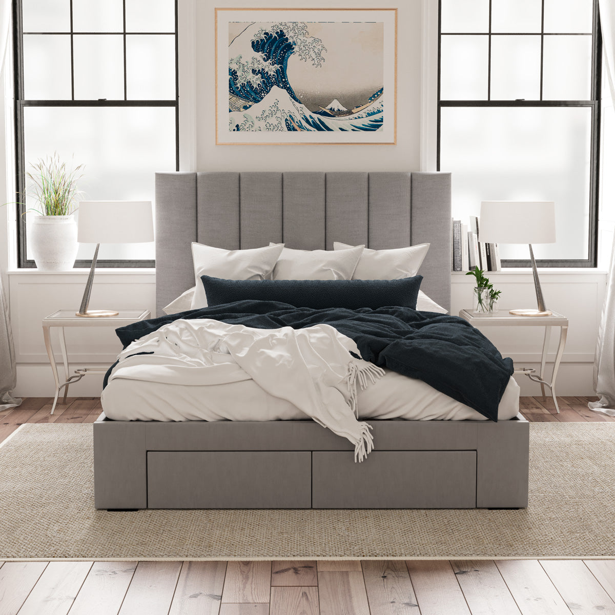 Celine Bed Frame with Four Storage Drawers (Grey Fabric)